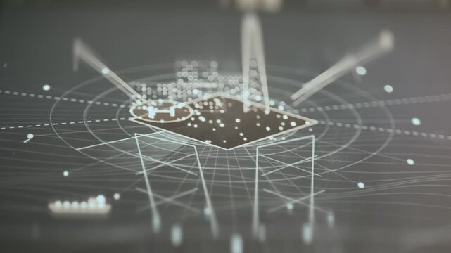 Three Dimensional Wireframe Visualization Of Offshore Oil Platform And Supply Vessel On Screen