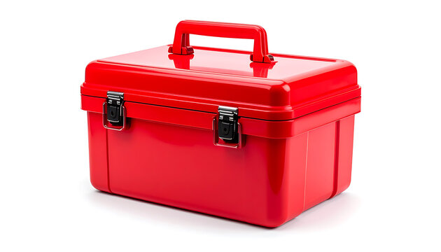 Red plastic toolbox with metal latches and handle, isolated on white background, workshop storage, repair equipment
