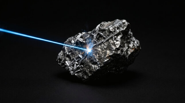A clean studio shot of a dark metallic asteroid fragment with sharp crystalline veins on a matte black background, precise laser beam etching the surface, futuristic space mining