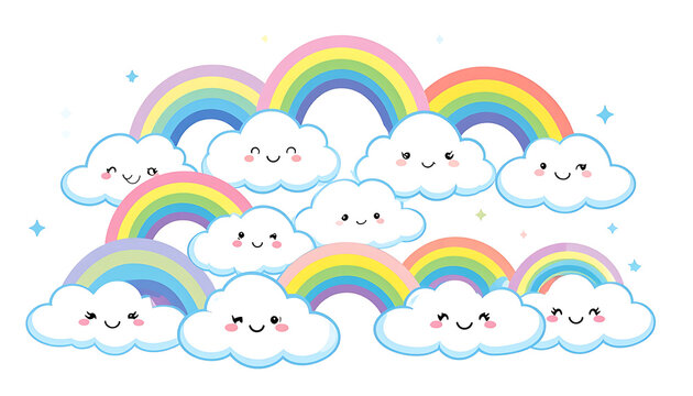 Pixel art kawaii rainbow and clouds, pastel colors, cute sky elements, dreamlike fantasy atmosphere, children's illustration