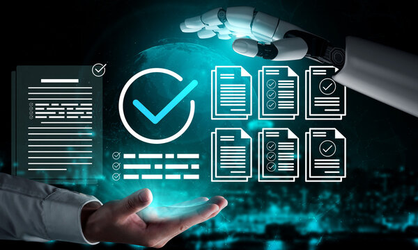 A conceptual image depicting a robot and human working together to verify documents in a digital space, highlighting innovation and collaboration in technology-driven environments. Ledger