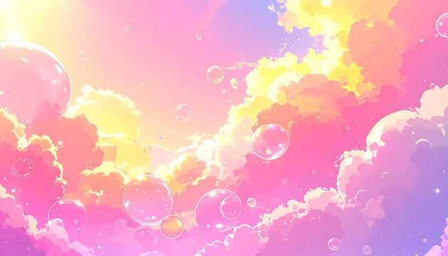Pixel art sky with soft pink and yellow clouds at sunset, small bubbles floating gently