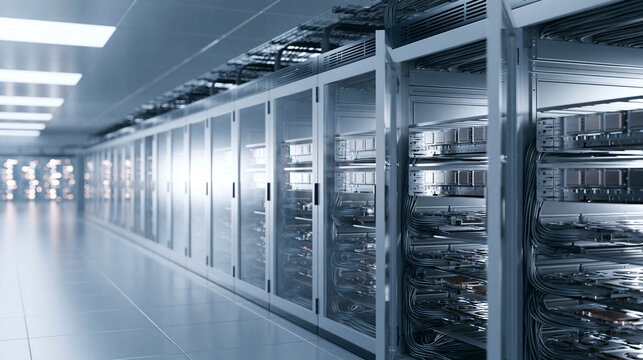 A long row of silver server cabinets extends through a bright data center aisle, with several front doors open to reveal stacked hardware and bundled cables