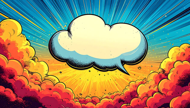 Pixel art speech bubble in dramatic sunburst sky with clouds, retro comic book style, dialogue or idea concept