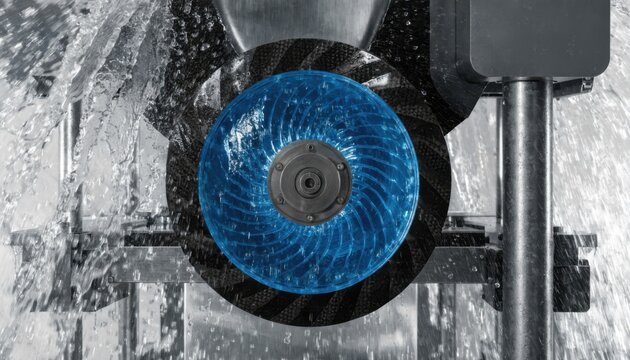 Medium shot of a hybrid composite pulley being tested on an industrial machine showcasing performance efficiency and recyclability features in a controlled environment.