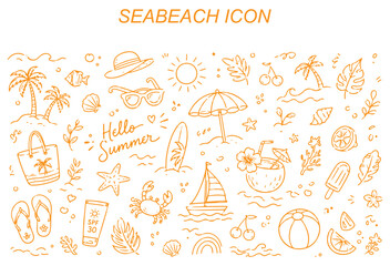 Tropical beach icon set with palm trees, waves, sun, turtle, surfboard and summer travel symbols. Minimal vector collection for holiday, paradise and ocean themes. © Hikestudio3