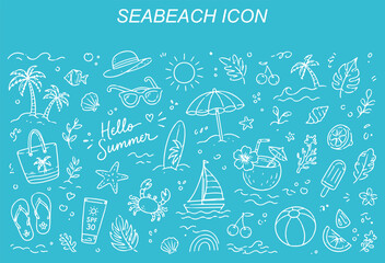 Tropical beach icon set with palm trees, waves, sun, turtle, surfboard and summer travel symbols. Minimal vector collection for holiday, paradise and ocean themes. © Hikestudio3