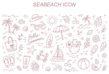 Tropical beach icon set with palm trees, waves, sun, turtle, surfboard and summer travel symbols. Minimal vector collection for holiday, paradise and ocean themes. © Hikestudio3
