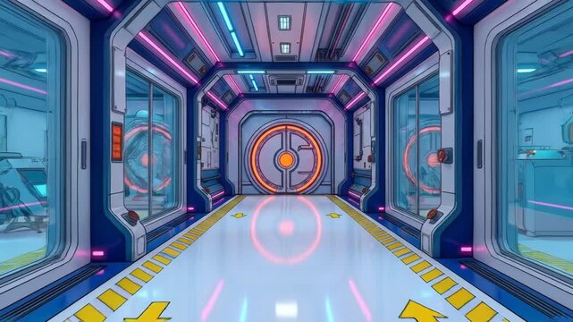 Futuristic scifi spaceship corridor, cyberpunk laboratory interior with advanced technology, anime style animation of a space station hallway for science research, high tech vessel interior design