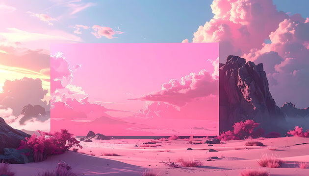 Pixel art landscape with pink desert, mountains, and fluffy clouds during sunset, dreamy pastel atmosphere