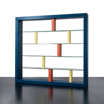 bookcase featuring a blue lacquered wooden structure and glass shelves.
