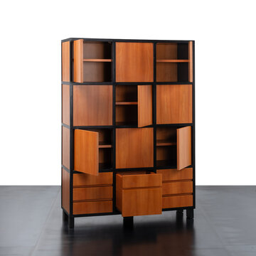 Japanese-style wardrobe, made of cherry wood with lacquered panels.