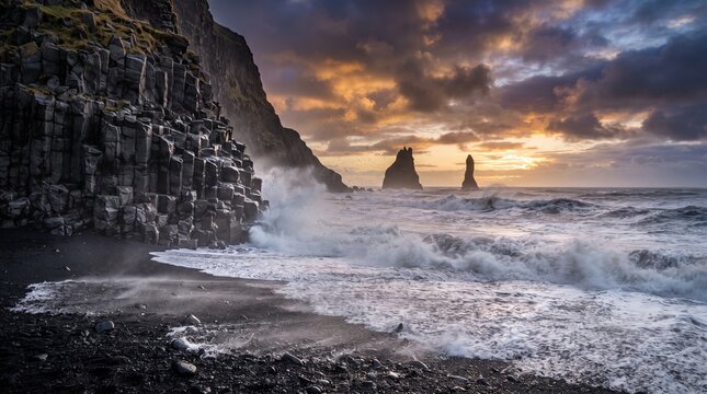 Dramatic black sand beach at sunset, powerful ocean waves crashing against basalt sea stacks, volcanic coastal landscape under golden hour sky