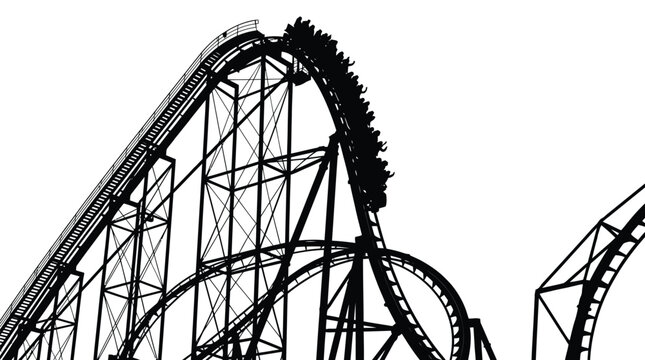 Black silhouette of a massive steel roller coaster featuring people riding during a steep descent
