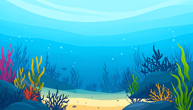 Pixel art underwater scene with coral reefs, seaweed, and sandy seabed, blue ocean background