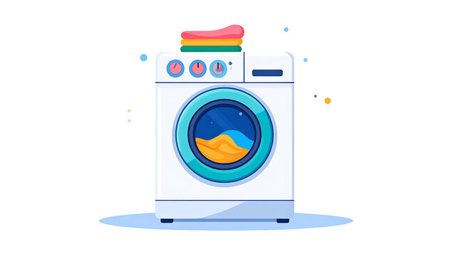 Pixel art washing machine with colorful folded laundry on top, running cycle with water inside, clean clothes concept