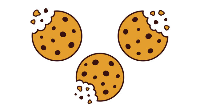 Three delicious golden brown chocolate chip cookies with visible bite marks and scattered small crumbs