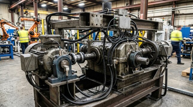 Networked sensorized machine frame displaying multiple embedded sensors for realtime vibration temperature and alignment data collection in a connected manufacturing environment.