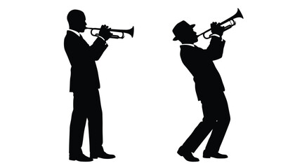 Obraz premium Two jazz musicians in suits play golden brass trumpets with intense focus and rhythmic artistic energy