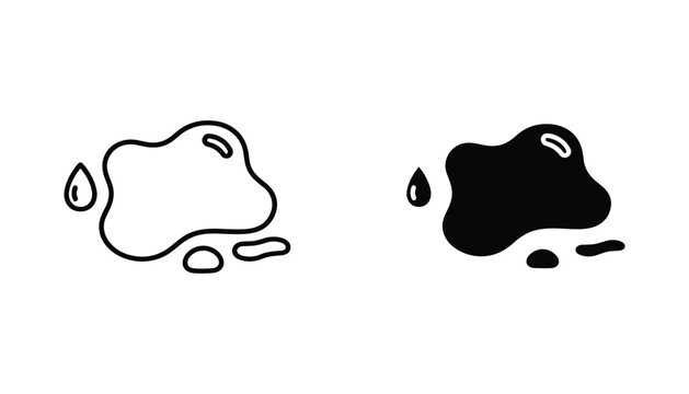Spilled liquid vector icon isolated on white Black and white outline line art and solid glyph silhouette