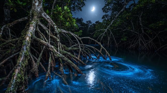Bioluminescent glowing water in mangrove forest at night, mystical blue light in tropical swamp, moonlight over tangled tree roots and dark river