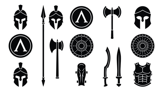 Black silhouette icons of ancient spartan military equipment including helmets shields spears and sharp swords