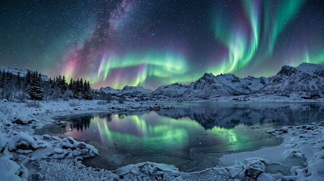 Aurora borealis over snowy mountain lake, vibrant northern lights reflecting in winter water, majestic starry night sky with milky way galaxy