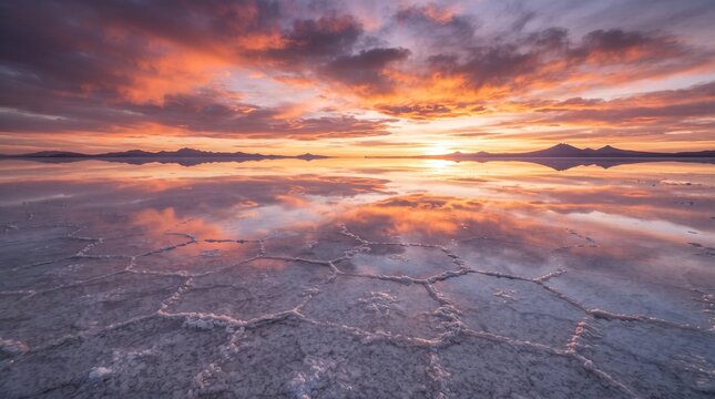 Dramatic sunset over salt flats with hexagonal patterns, vibrant sky reflection on water surface, majestic mountain horizon at golden hour