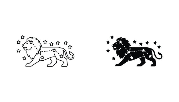 Leo constellation vector icon isolated on white Black and white outline line art and solid glyph silhouette