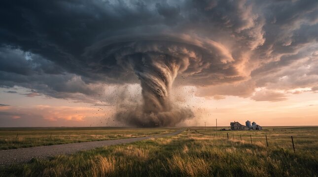 Massive tornado funnel touching down in rural landscape, powerful supercell storm over farm fields, dramatic weather phenomenon at sunset