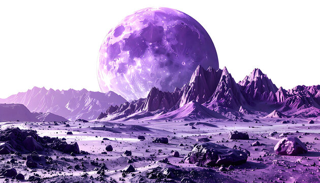 pixelated alien landscape with a large purple textured moon, rocky terrain, and distant mountains under a clear sky, sci-fi scene