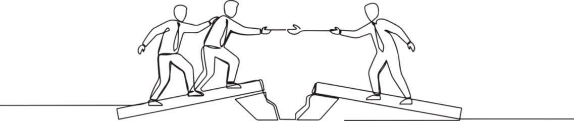 Obraz premium Continuous One Line Drawing of Business People Crossing Bridge Gap with Helping Hand Support Concept. one line art icon drawing