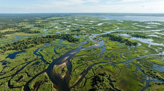 Aerial view of lush green wetland river delta landscape with meandering water channels