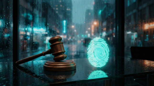 A classic minimalist wooden gavel sitting on a polished glass surface next to a single glowing digital fingerprint graphic, clean abstract corporate copyright and law concept