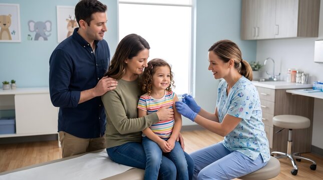 Happy Young Girl Receiving Vaccination with Parents and Nurse at Pediatric Clinic.