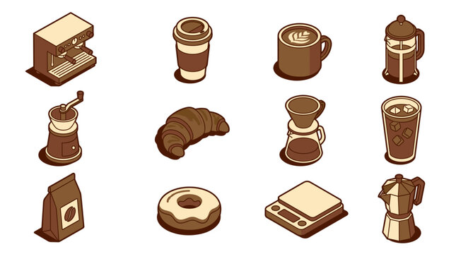 Coffee shop icons set isometric illustration