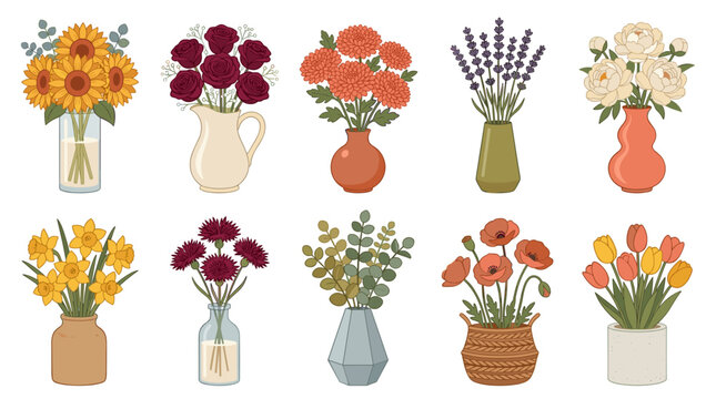 Collection of Various Flower Bouquets in Decorative Vases and Pots
