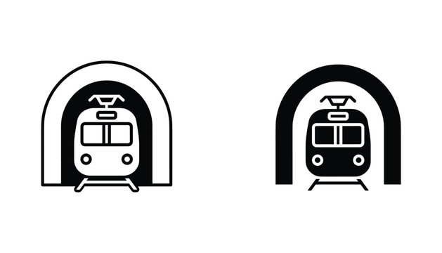 Subway train in tunnel vector icon isolated on white Black and white outline line art and solid glyph silhouette