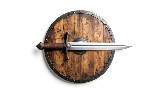 Rustic wooden shield with a medieval sword centered, set against a plain white background, evoking historical combat and defense.