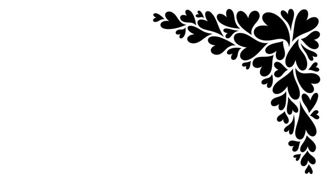 A black and white graphic design featuring a decorative corner embellishment composed of numerous intertwined heart shapes, creating an elegant and romantic border.