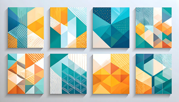 Set of abstract geometric patterns with triangles and squares in warm orange and cool teal hues, digital art background for design
