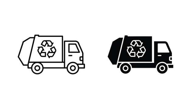 Recycling truck vector icon isolated on white Black and white outline line art and solid glyph silhouette