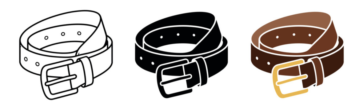 Leather belt icon set with buckle in outline, glyph, and flat color styles
