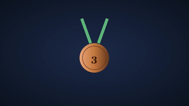Bronze medal third place animation on dark 4k background, for sports achievement, and competition success