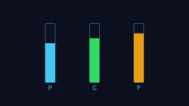 Digital progress bar loading animation with p, c, and f metrics for data visualization 4k