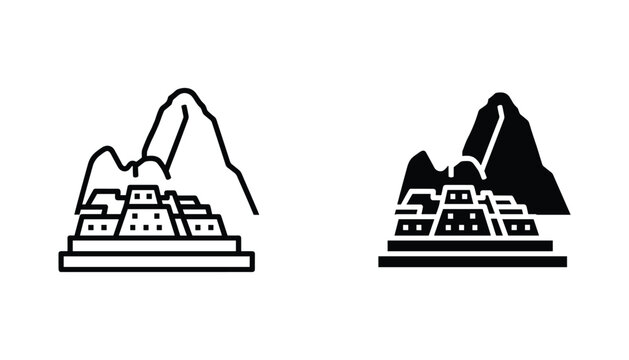 Machu Picchu vector icon isolated on white Black and white outline line art and solid glyph silhouette