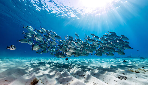 School of silver fish swimming in clear blue ocean water, sunlight rays shining through the surface, sandy seabed below