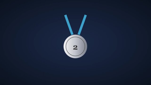 Silver medal with number 2 and blue ribbon, second place award animation, metallic sports trophy icon on dark background