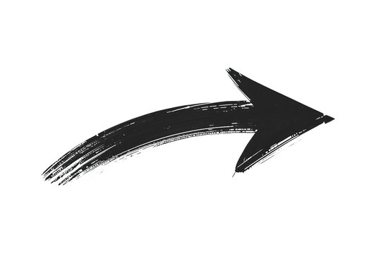 Hand drawn charcoal arrow symbol tracing a curved line pointing to the right, showing direction, progress, or navigation