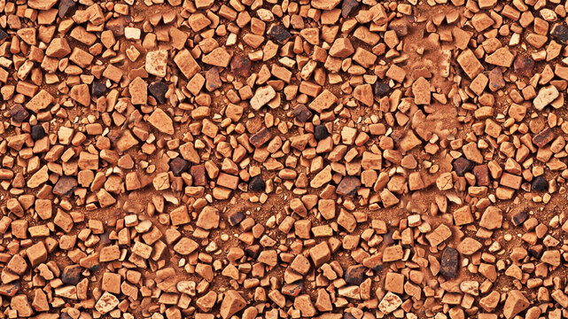 Crushed brick texture background. Top down view of broken red clay pieces and gravel.